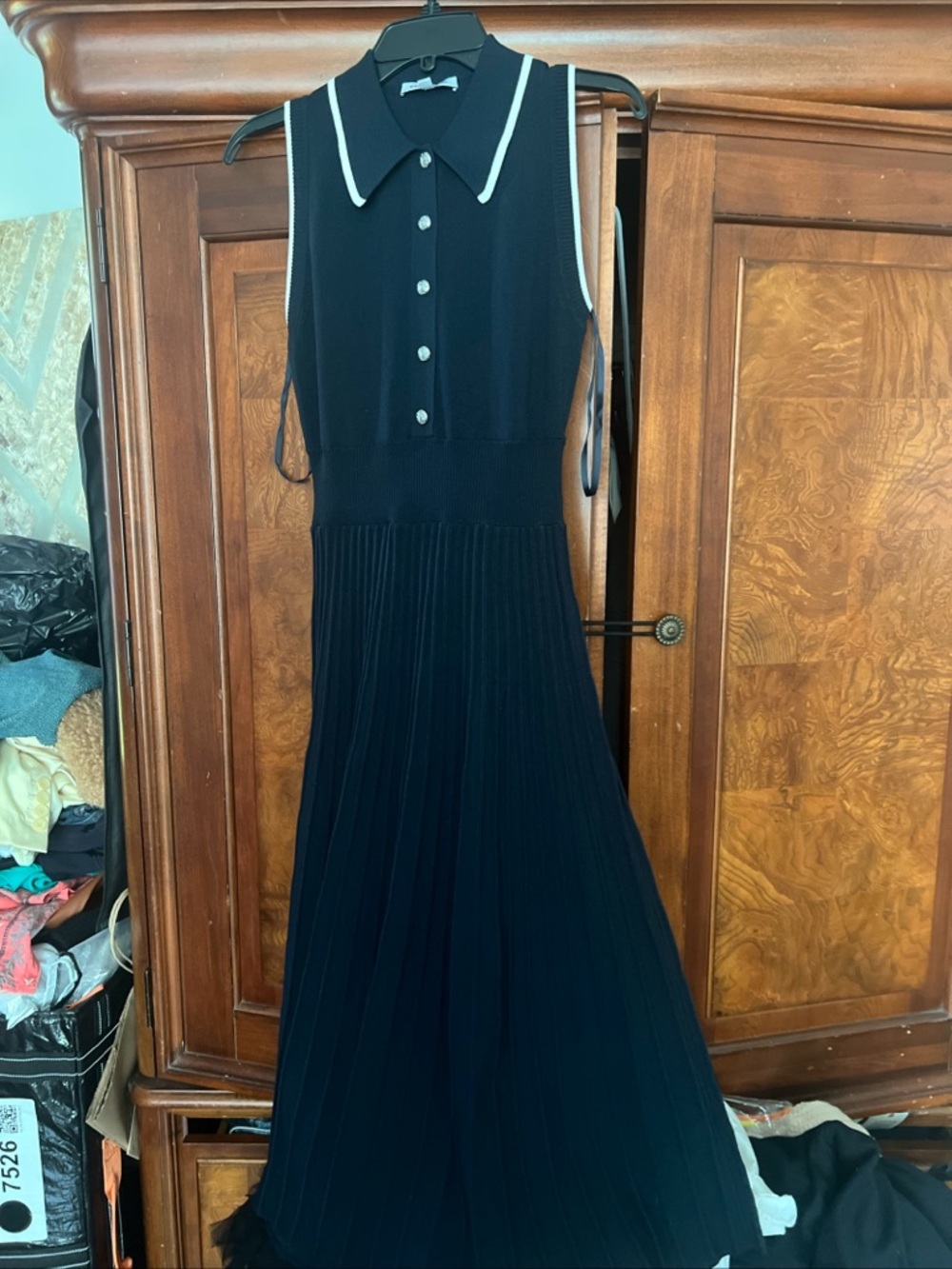 Veronica Beard Black Pleated Midi Polo Dress with White Trim